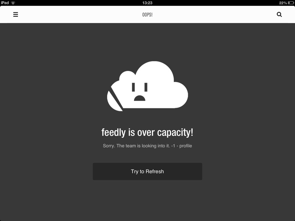 Página de error over capacity en la aplicación feedly